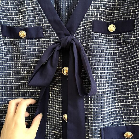 Voy Blue Tweed V-Neck Dress with Contrast Ribbon and Flutter Sleeve Sz S - Picture 5 of 11